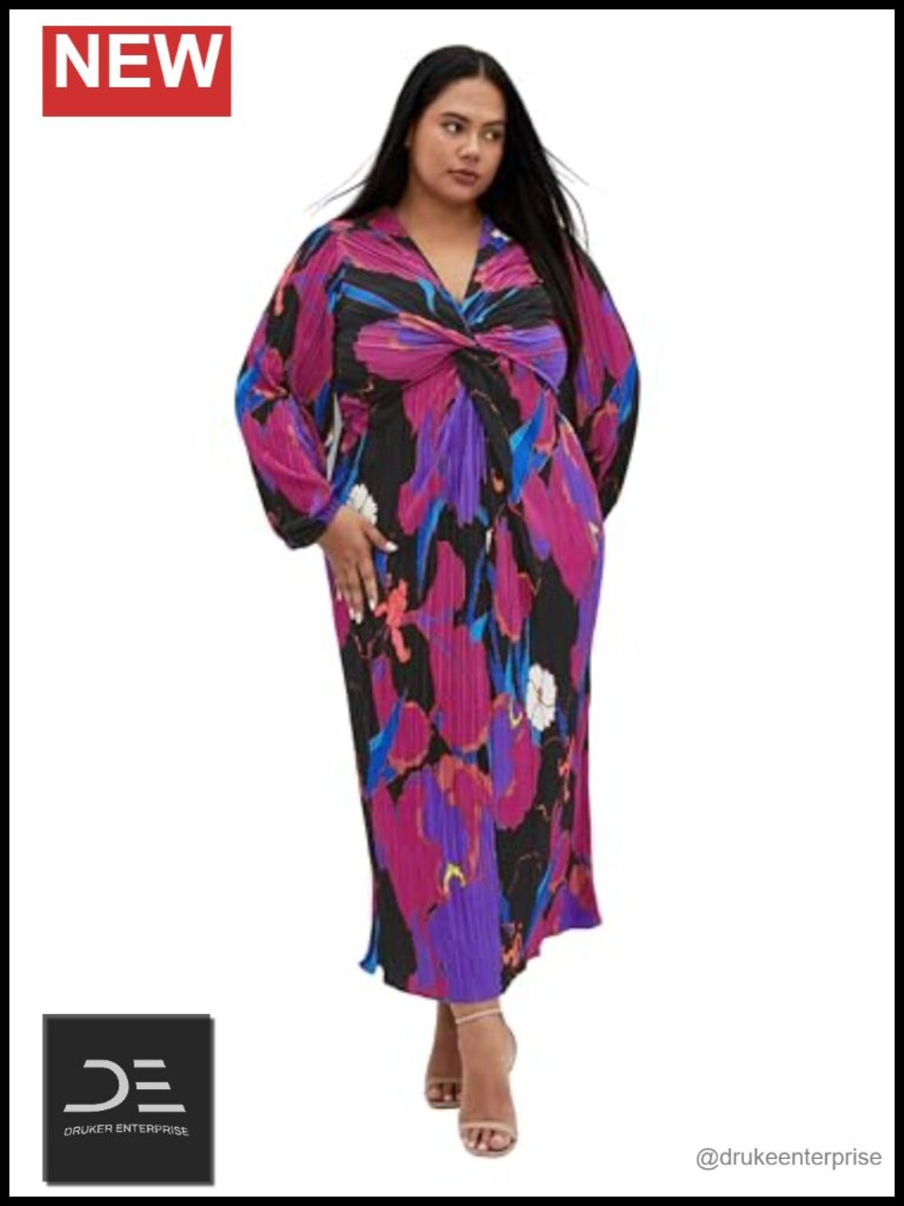Plus Size Floral Print Maxi Dress Long Sleeve V-Neck